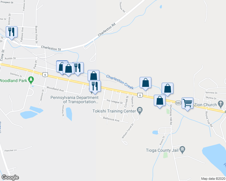 map of restaurants, bars, coffee shops, grocery stores, and more near 2007 Yale Street in Wellsboro