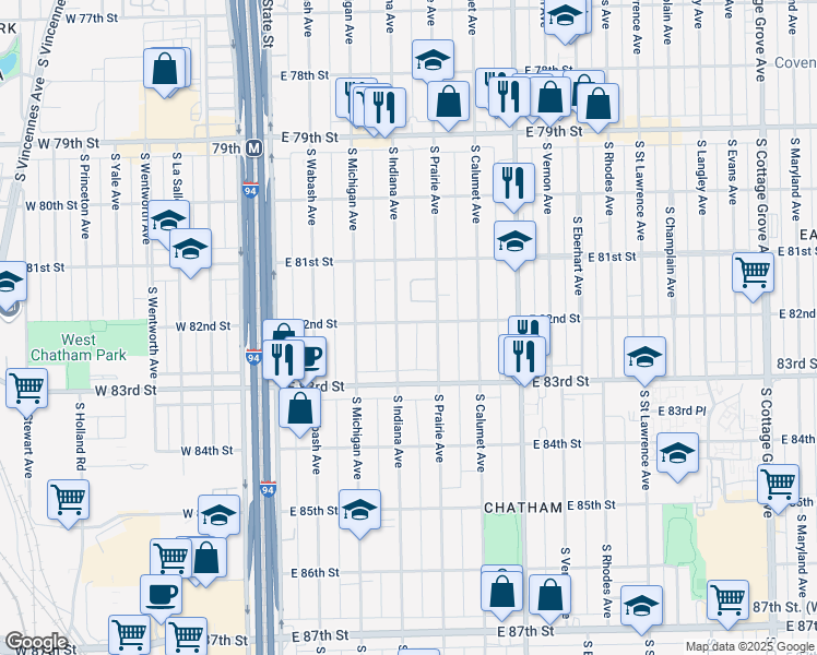 map of restaurants, bars, coffee shops, grocery stores, and more near 8201 South Indiana Avenue in Chicago