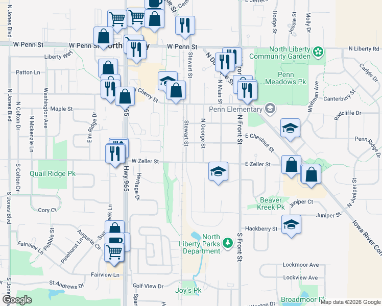 map of restaurants, bars, coffee shops, grocery stores, and more near 222-240 West Zeller Street in North Liberty
