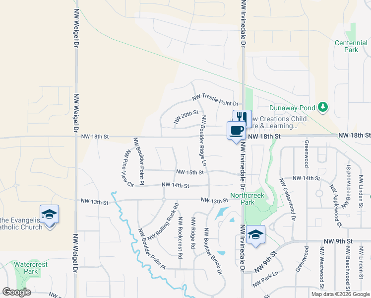 map of restaurants, bars, coffee shops, grocery stores, and more near 1603 Northwest Ridge Road in Ankeny