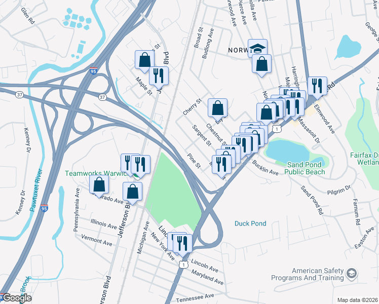 map of restaurants, bars, coffee shops, grocery stores, and more near 206 Pine Street in Warwick