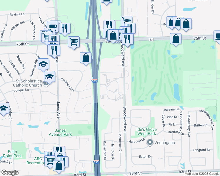 map of restaurants, bars, coffee shops, grocery stores, and more near 2263 Country Club Drive in Woodridge