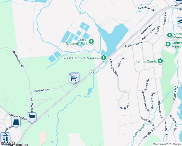 map of restaurants, bars, coffee shops, grocery stores, and more near 52 Farmington Avenue in Farmington