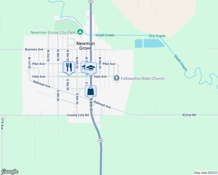 map of restaurants, bars, coffee shops, grocery stores, and more near 199 South 10th Street in Newman Grove