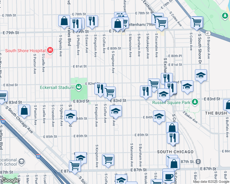 map of restaurants, bars, coffee shops, grocery stores, and more near 8245 South Saginaw Avenue in Chicago