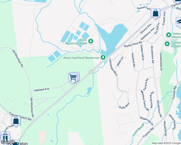 map of restaurants, bars, coffee shops, grocery stores, and more near 52 Farmington Avenue in Farmington