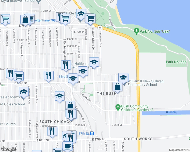 map of restaurants, bars, coffee shops, grocery stores, and more near 8237 South South Shore Drive in Chicago
