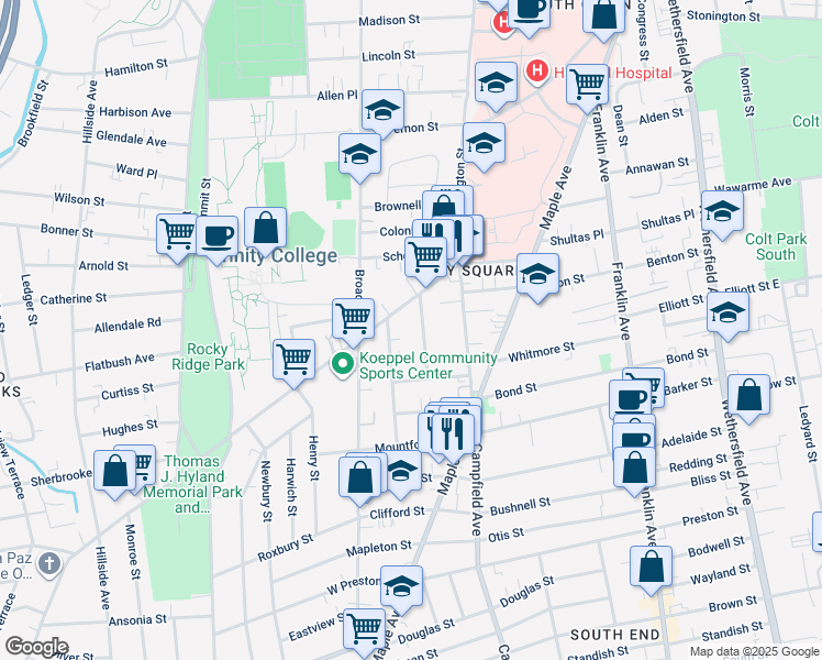 map of restaurants, bars, coffee shops, grocery stores, and more near 20 Julius Street in Hartford
