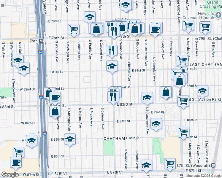 map of restaurants, bars, coffee shops, grocery stores, and more near 8222 South Doctor Martin Luther King Junior Drive in Chicago