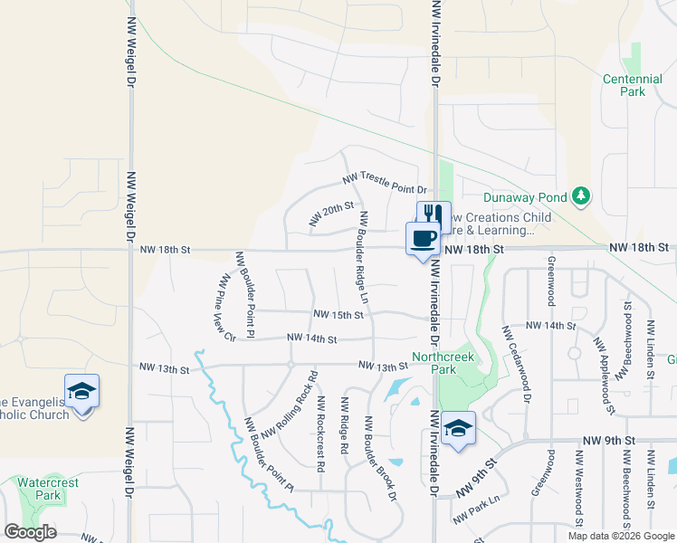 map of restaurants, bars, coffee shops, grocery stores, and more near 1603 Northwest Ridge Road in Ankeny