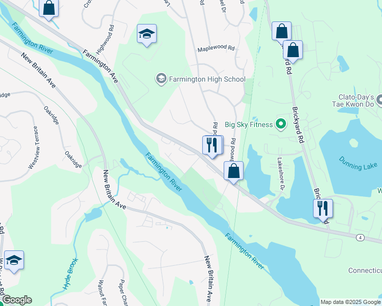 map of restaurants, bars, coffee shops, grocery stores, and more near 1449 Farmington Avenue in Farmington