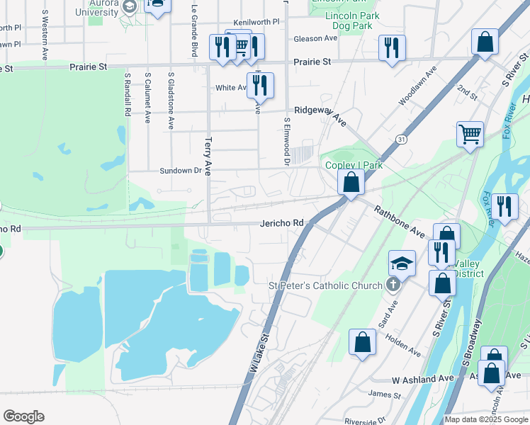 map of restaurants, bars, coffee shops, grocery stores, and more near 1019 Jericho Road in Aurora