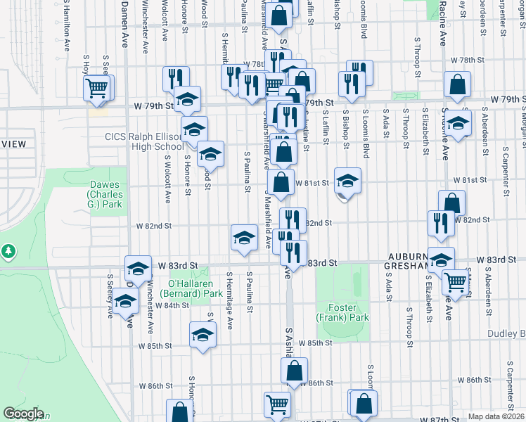 map of restaurants, bars, coffee shops, grocery stores, and more near 8138 South Marshfield Avenue in Chicago