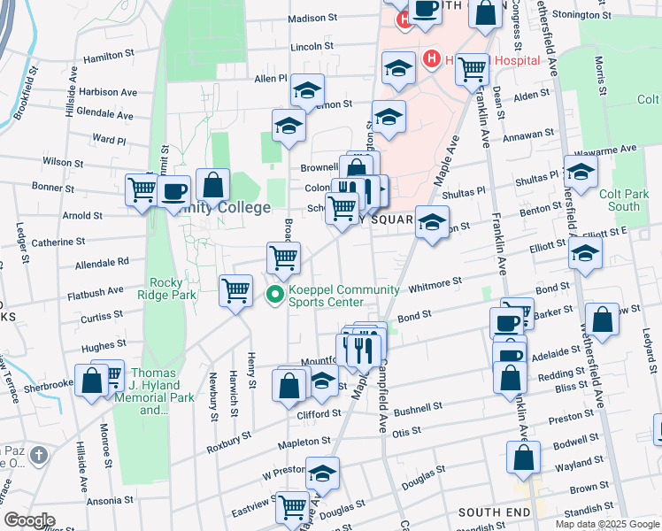 map of restaurants, bars, coffee shops, grocery stores, and more near 20 Julius Street in Hartford