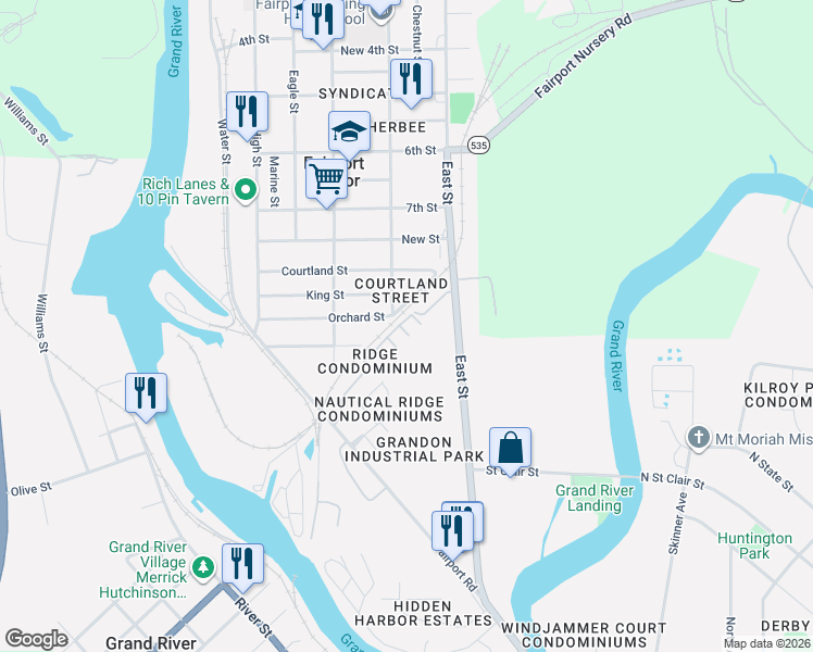 map of restaurants, bars, coffee shops, grocery stores, and more near 356 Harbor Ridge Lane in Fairport Harbor