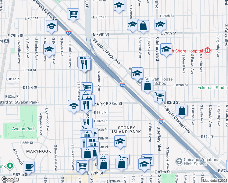 map of restaurants, bars, coffee shops, grocery stores, and more near 8236 South Ridgeland Avenue in Chicago
