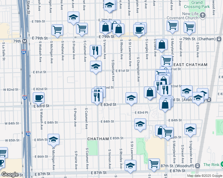 map of restaurants, bars, coffee shops, grocery stores, and more near 8223 South Eberhart Avenue in Chicago