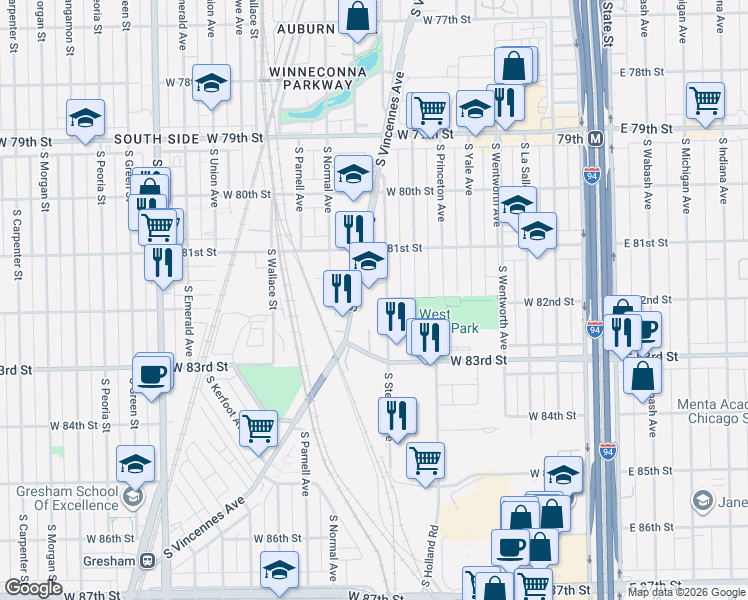 map of restaurants, bars, coffee shops, grocery stores, and more near 12 South Stewart Avenue in Chicago