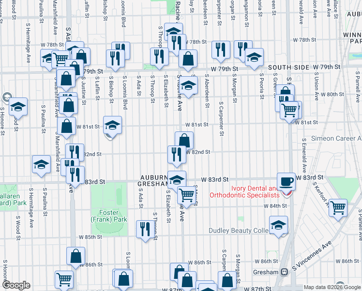 map of restaurants, bars, coffee shops, grocery stores, and more near 1206 West 82nd Street in Chicago