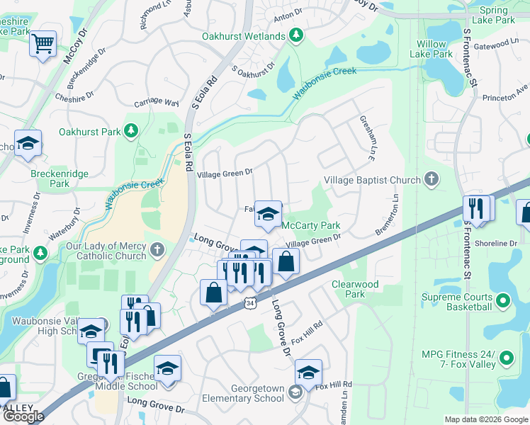 map of restaurants, bars, coffee shops, grocery stores, and more near 3000 Village Green Drive in Aurora