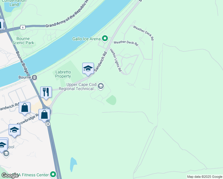 map of restaurants, bars, coffee shops, grocery stores, and more near 220 Sandwich Road in Bourne