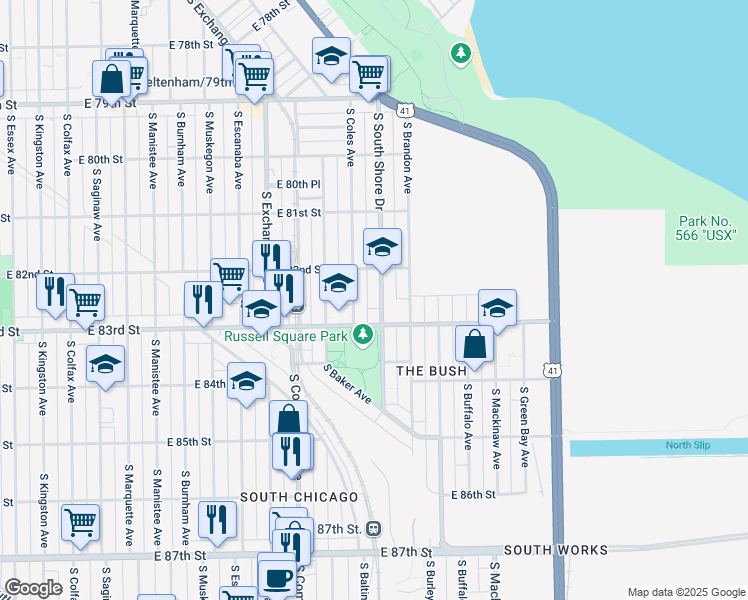 map of restaurants, bars, coffee shops, grocery stores, and more near 8251 South Coles Avenue in Chicago