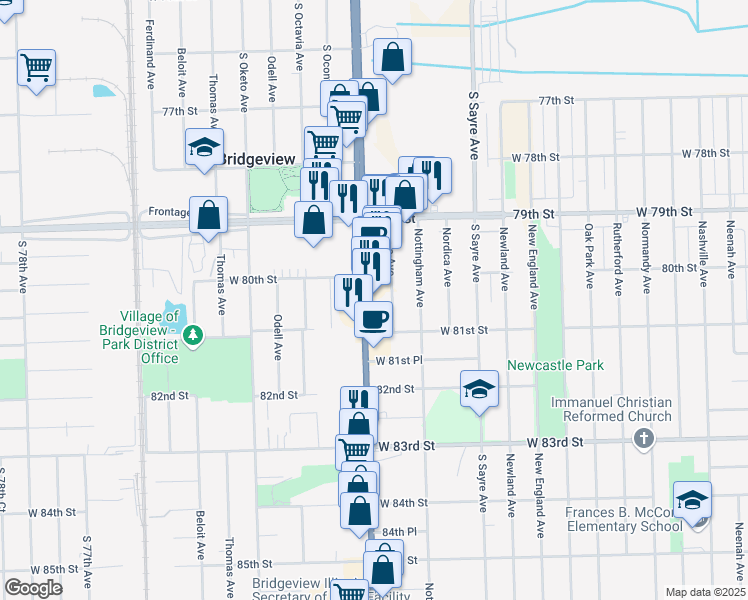map of restaurants, bars, coffee shops, grocery stores, and more near 8059 South Harlem Avenue in Burbank