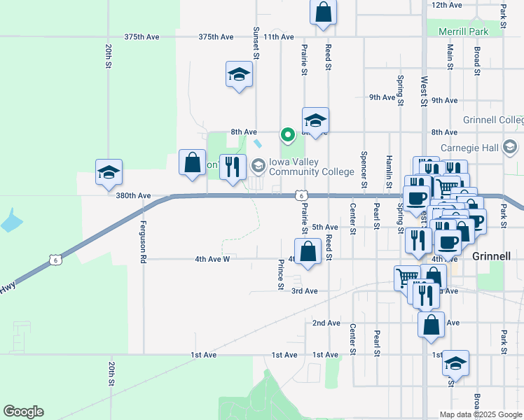 map of restaurants, bars, coffee shops, grocery stores, and more near 40 6th Avenue in Grinnell