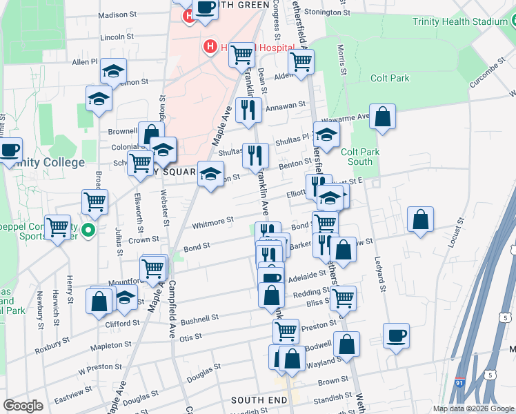 map of restaurants, bars, coffee shops, grocery stores, and more near 25 Whitmore Street in Hartford