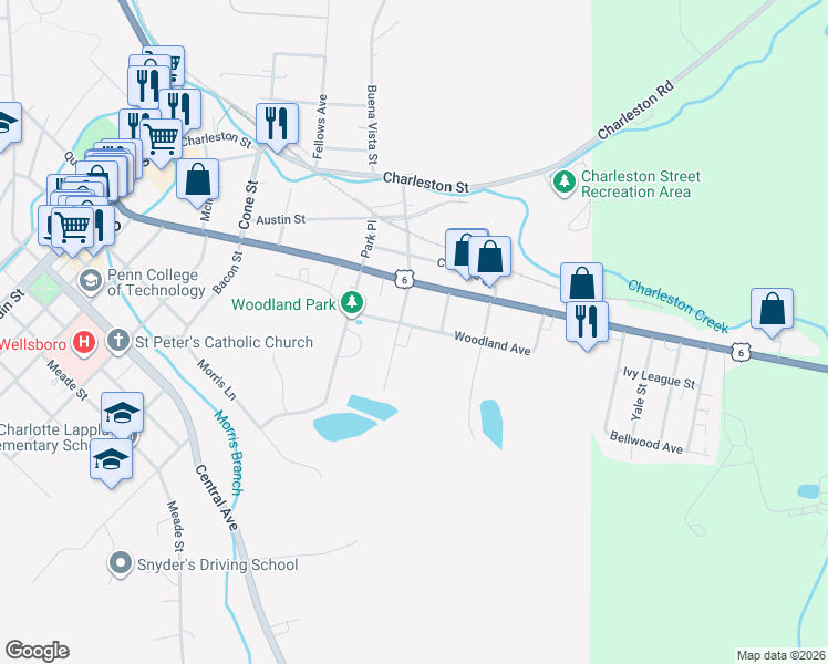 map of restaurants, bars, coffee shops, grocery stores, and more near 33 Jackson Street in Wellsboro