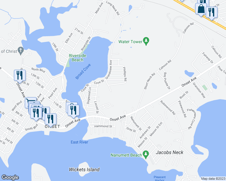 map of restaurants, bars, coffee shops, grocery stores, and more near 12 Broad Street in Wareham