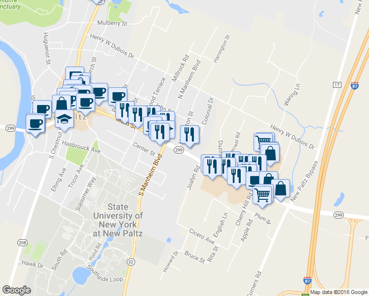 map of restaurants, bars, coffee shops, grocery stores, and more near 211 Main Street in New Paltz