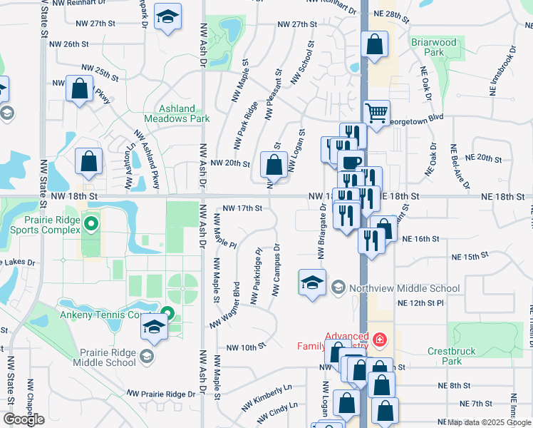 map of restaurants, bars, coffee shops, grocery stores, and more near 1602 Northwest Wagner Boulevard in Ankeny