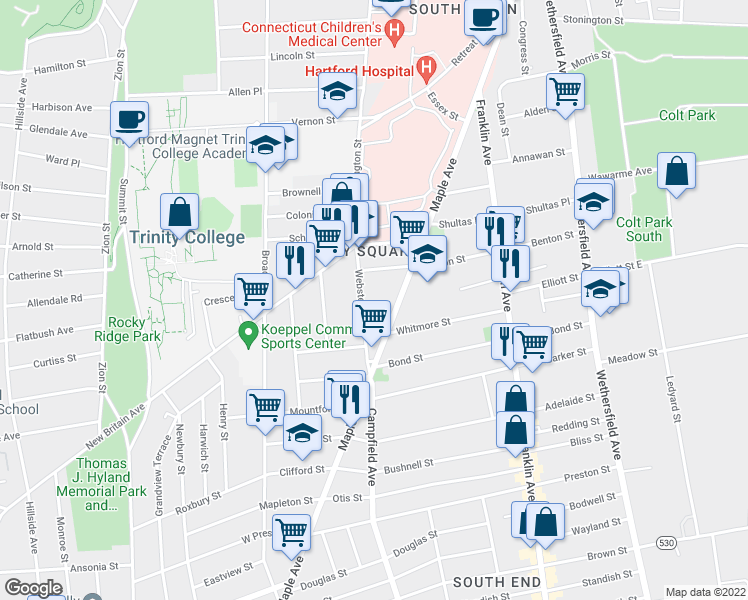 map of restaurants, bars, coffee shops, grocery stores, and more near 76 Webster Street in Hartford
