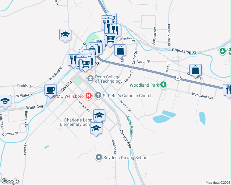 map of restaurants, bars, coffee shops, grocery stores, and more near 12 Morris Lane in Wellsboro