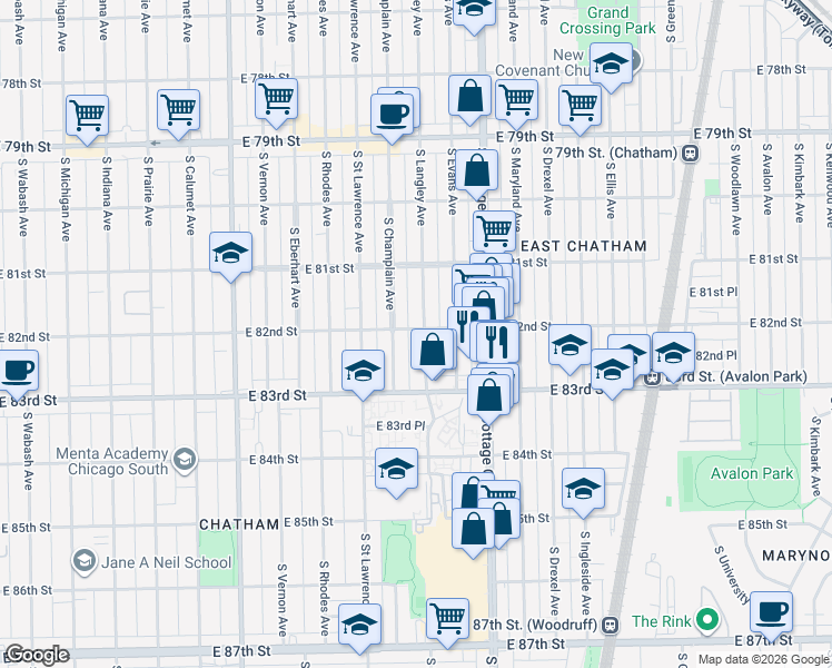 map of restaurants, bars, coffee shops, grocery stores, and more near 8222 South Langley Avenue in Chicago