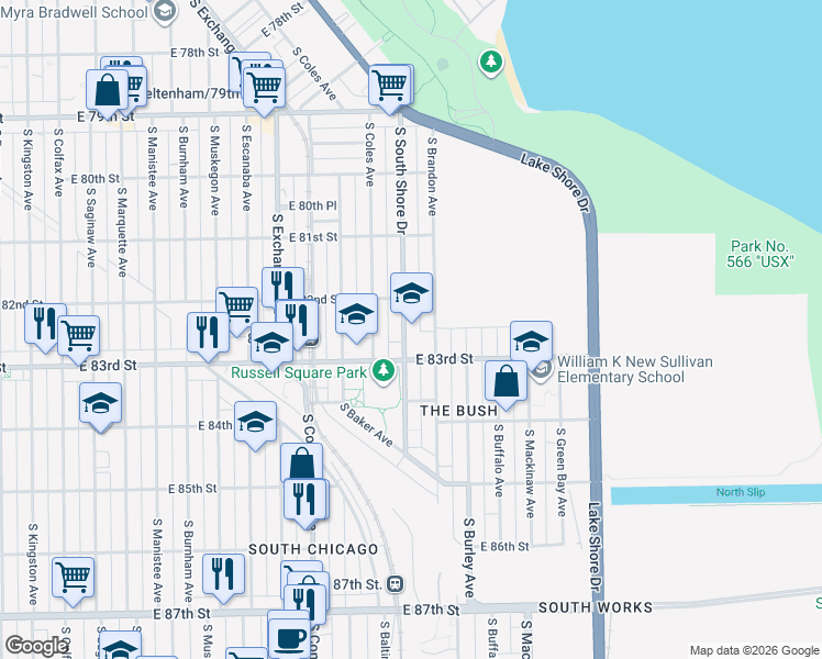 map of restaurants, bars, coffee shops, grocery stores, and more near 8237 South South Shore Drive in Chicago