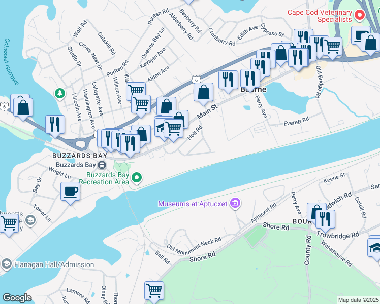 map of restaurants, bars, coffee shops, grocery stores, and more near 6 Canal View Road in Bourne