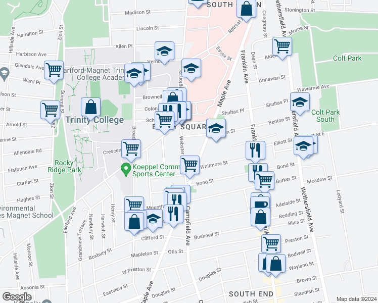 map of restaurants, bars, coffee shops, grocery stores, and more near 56 Webster Street in Hartford