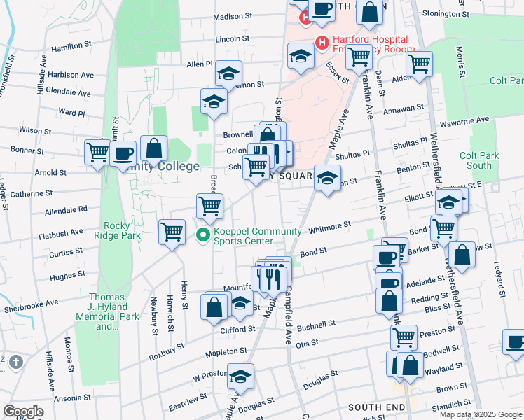 map of restaurants, bars, coffee shops, grocery stores, and more near 30 Ellsworth Street in Hartford