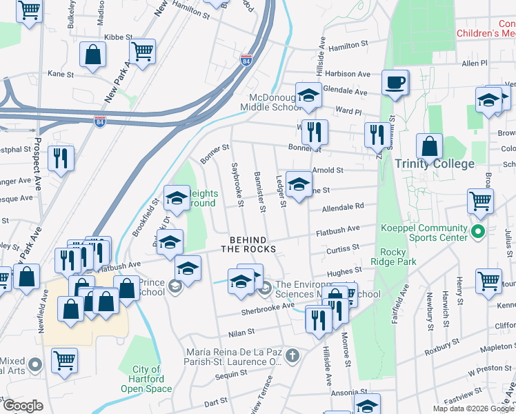 map of restaurants, bars, coffee shops, grocery stores, and more near 304 Saybrooke Street in Hartford