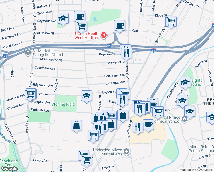 map of restaurants, bars, coffee shops, grocery stores, and more near 74 Layton Street in West Hartford