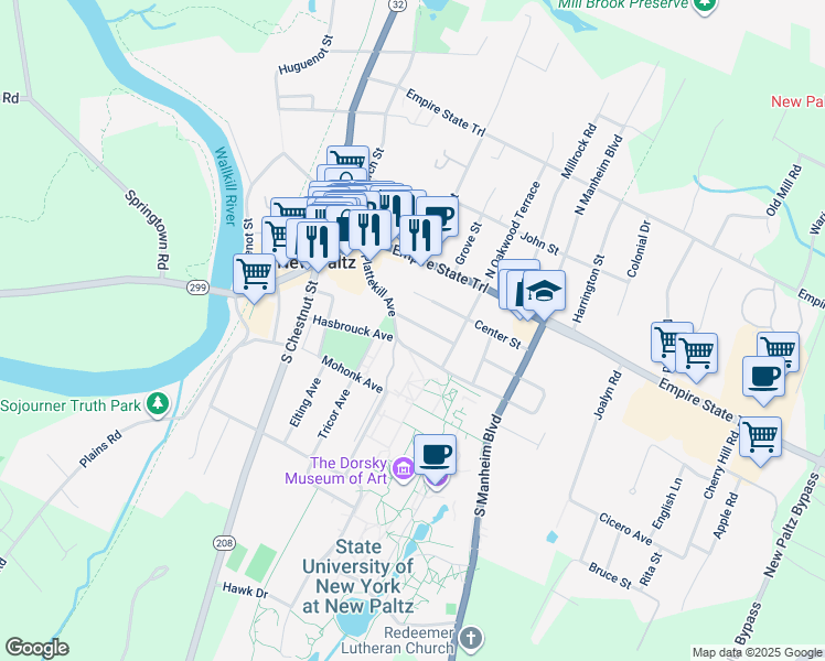 map of restaurants, bars, coffee shops, grocery stores, and more near 38 Plattekill Avenue in New Paltz