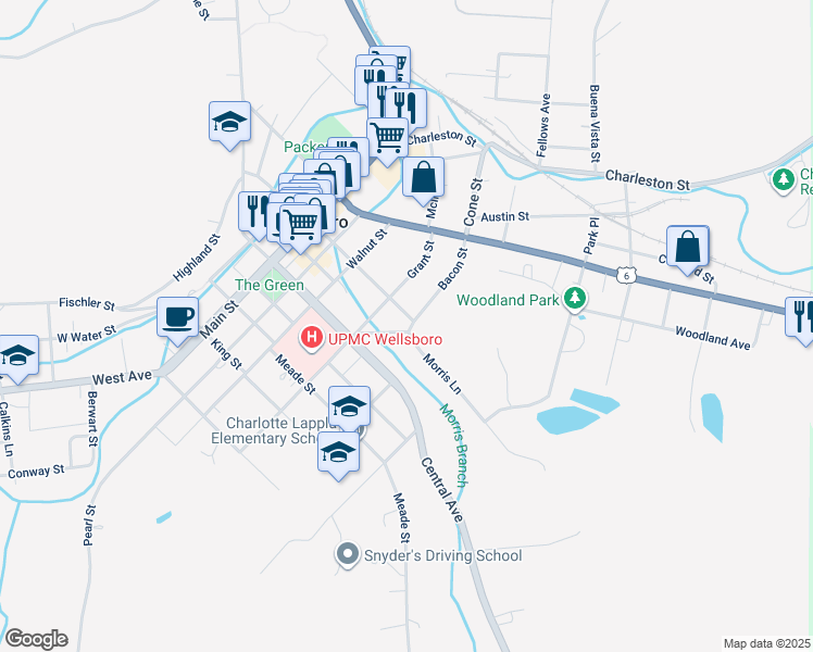 map of restaurants, bars, coffee shops, grocery stores, and more near 12 Morris Lane in Wellsboro