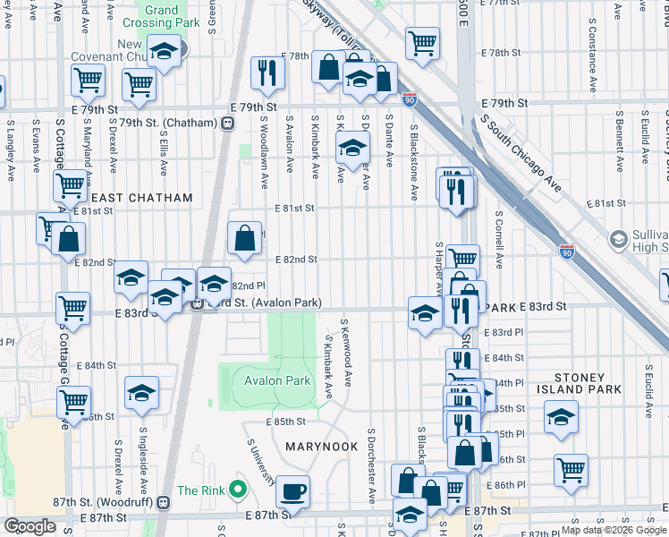 map of restaurants, bars, coffee shops, grocery stores, and more near 8229 South Kimbark Avenue in Chicago