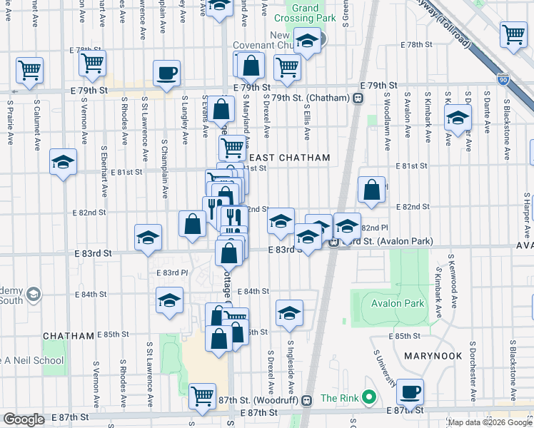 map of restaurants, bars, coffee shops, grocery stores, and more near 8226 South Drexel Avenue in Chicago