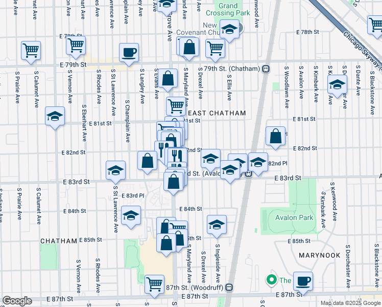 map of restaurants, bars, coffee shops, grocery stores, and more near 8226 South Drexel Avenue in Chicago