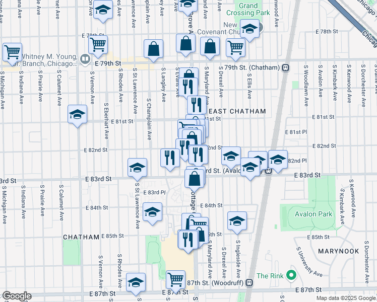 map of restaurants, bars, coffee shops, grocery stores, and more near 8227 South Evans Avenue in Chicago