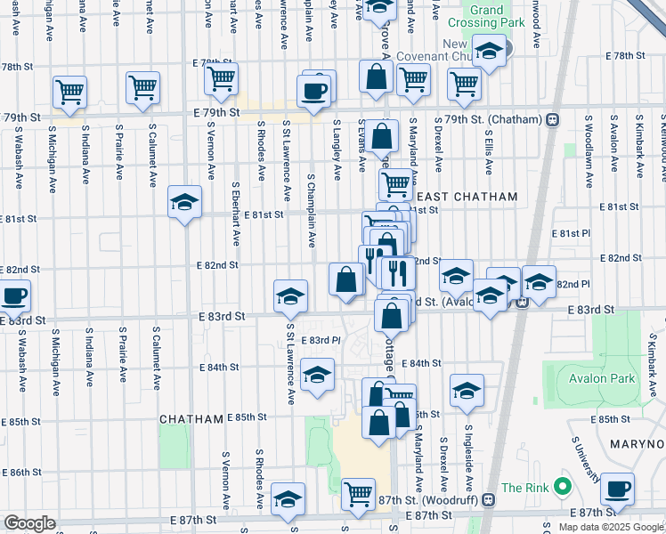 map of restaurants, bars, coffee shops, grocery stores, and more near 8222 South Langley Avenue in Chicago