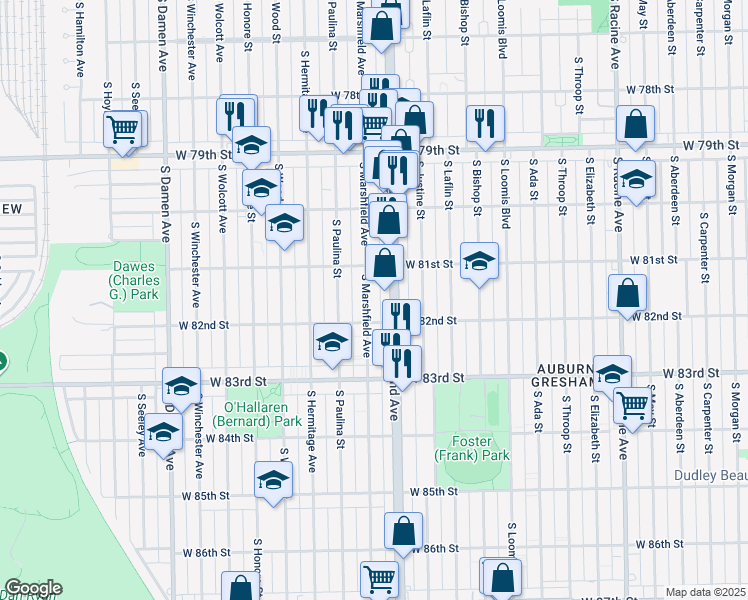 map of restaurants, bars, coffee shops, grocery stores, and more near 1624 West 82nd Street in Chicago